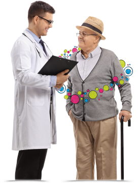Older VPRIV patient talking to a doctor